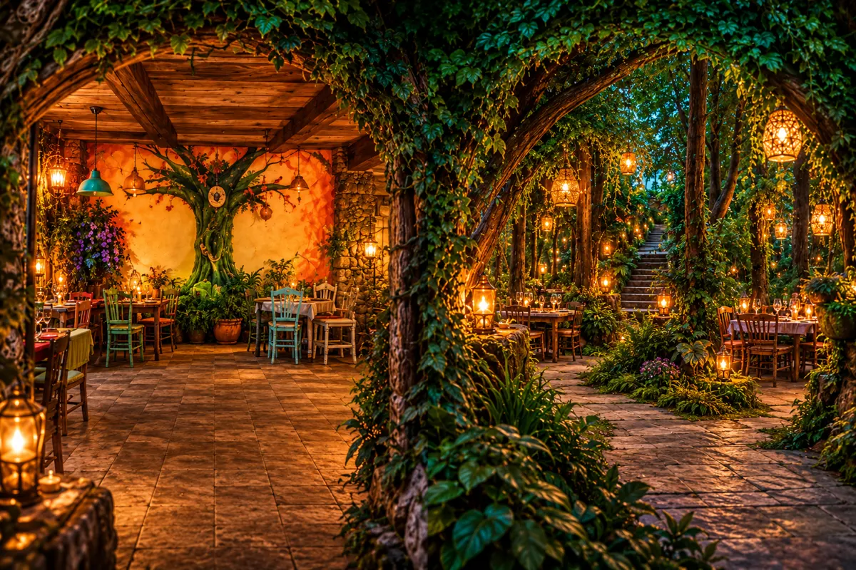 Los dos comedores de La Casa del Duende: la casa original y El Bosque Encantado iluminado con faroles